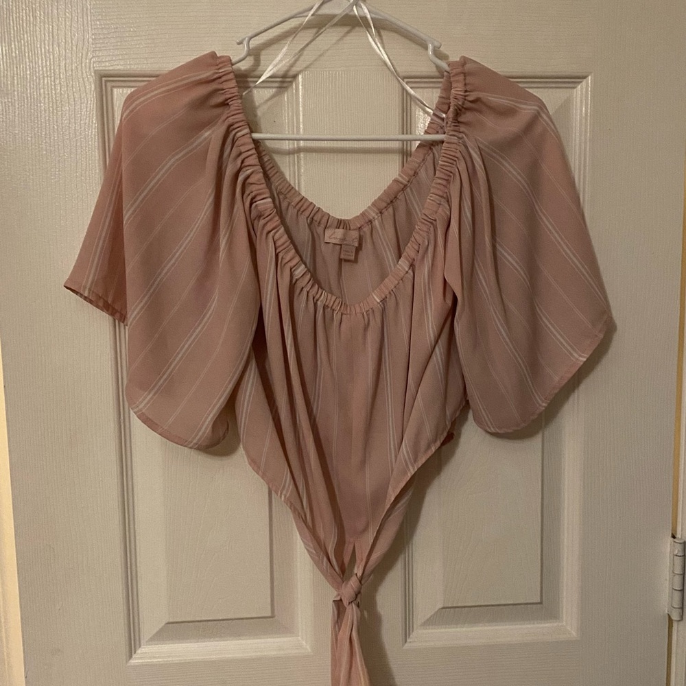 Baby pink and white striped flowy crop top, size medium, from Love Tuck
